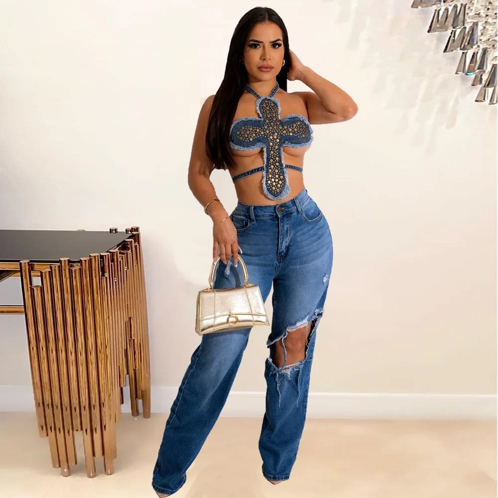 2024 Denim Tassel Crop Top - Women Streetwear Halter Tube Top